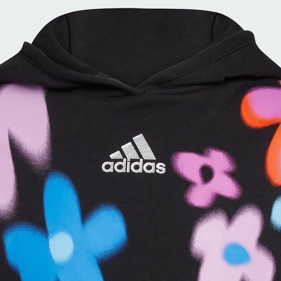 NWT Girl’s Size 14 Adidas Aura Flower Print Pullover Hoodie In Black/Multicolors - Picture 3 of 12